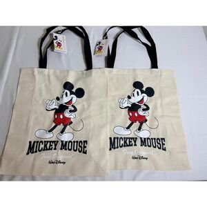 Two Disney Mickey Mouse Tote Bags Cream NEW Canvas Graphic Print Shopper Primark